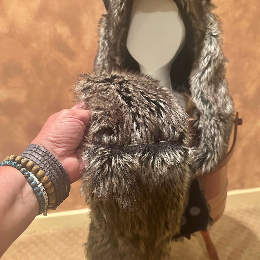 Furry Animal Hood with Scarf - Black and Gray - Pockets too! - Picture 6 of 7